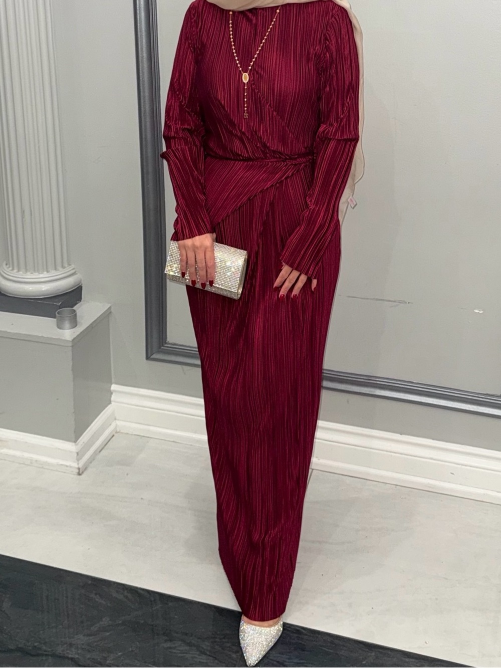 ASOS Burgundy Pleated Long Sleeve Maxi Dress